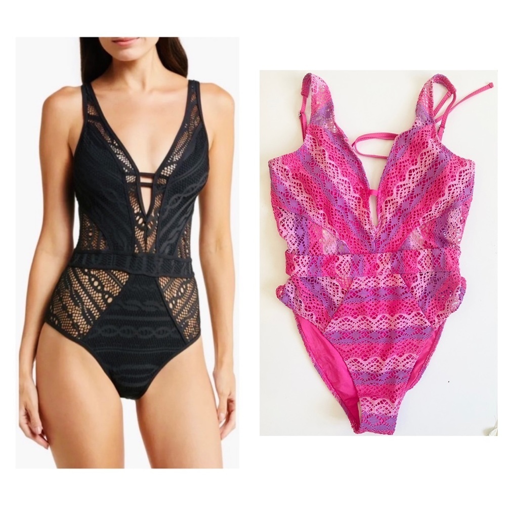 Becca pink crochet one piece bikini